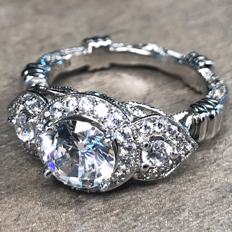 14K White Gold 3 Stone Halo Engagement Ring